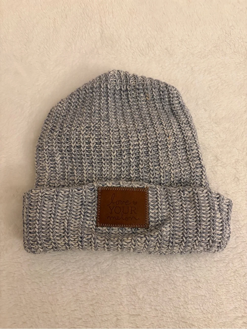 Love Your Melon Blue Speckled Marled Knit Cuffed Beanie with Leather Patch